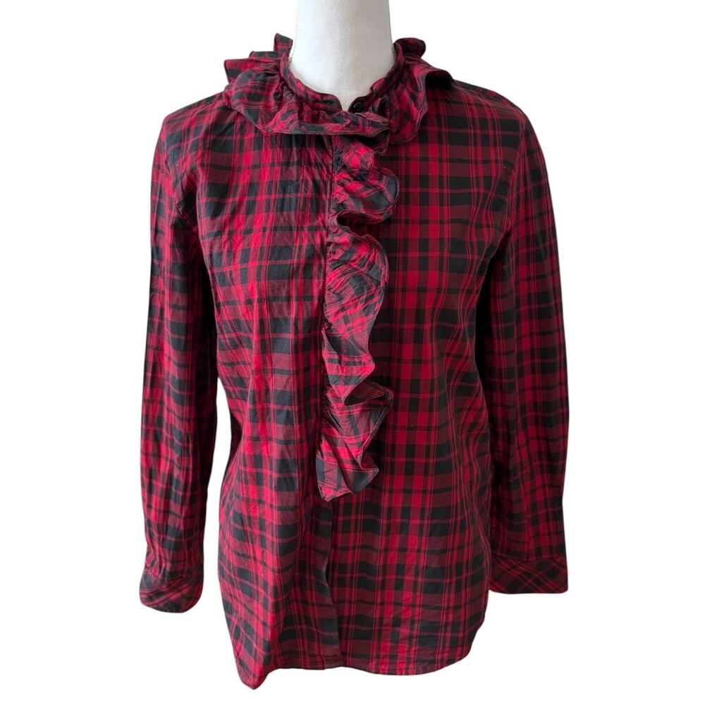 Ralph Lauren LRL Plaid Ruffle Front Top Red Black L